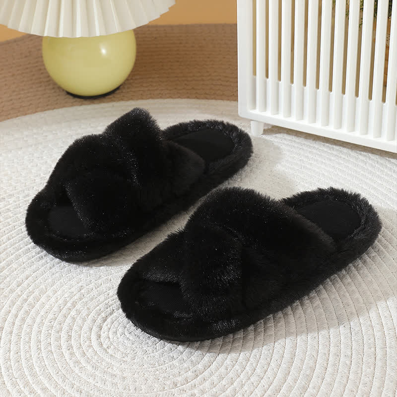 Chaussons grande taille à bandes croisées et pelucheuses de couleur unie - Noir - EU42-43 (US8.5-9) - image 2