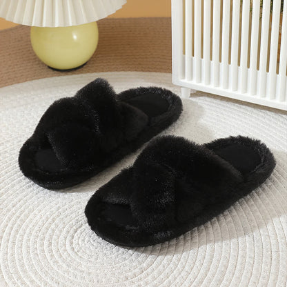 Chaussons grande taille à bandes croisées et pelucheuses de couleur unie - Noir - EU42-43 (US8.5-9) - image 2