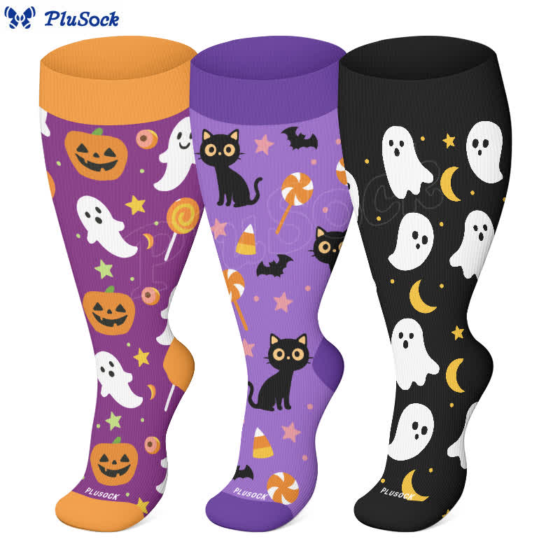 Chaussettes de compression grande taille série fantômes d'Halloween (3 paires) - image 0