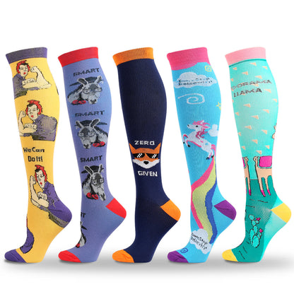 Chaussettes de compression à imprimé animal de dessin animé amusant (5 paires) - Multicolore - S/M - image 0