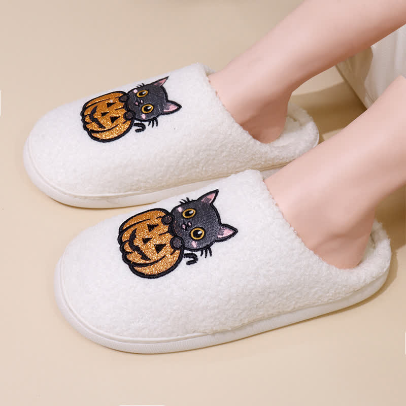 Chaussons grande taille à imprimé citrouille et chat pour Halloween - image 0