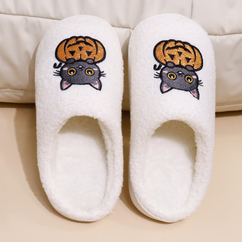 Chaussons grande taille à imprimé citrouille et chat pour Halloween - Blanc - EU44-45 (US10-11) - image 1