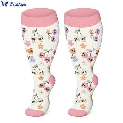 Chaussettes de compression grande taille motif tête de mort et fleurs d'Halloween - image 1