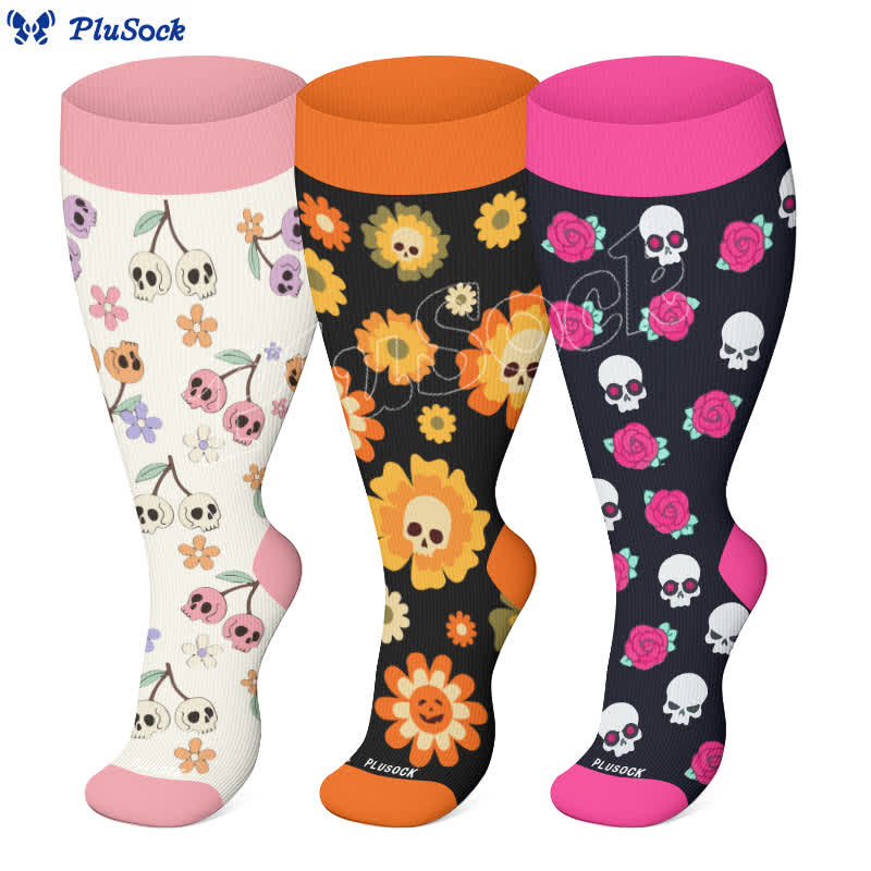 Chaussettes de compression grande taille motif tête de mort et fleurs d'Halloween - image 0