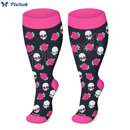 Chaussettes de compression grande taille motif tête de mort et fleurs d'Halloween - image 3