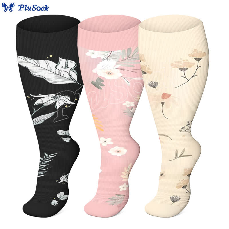 Chaussettes de compression grande taille à motif floral et feuilles (3 paires) - image 0