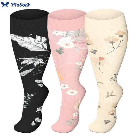 Chaussettes de compression grande taille à motif floral et feuilles (3 paires) - image 0