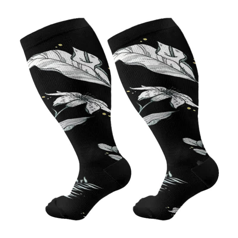 Chaussettes de compression grande taille à motif floral et feuilles (3 paires) - Noir - 4XL - image 5