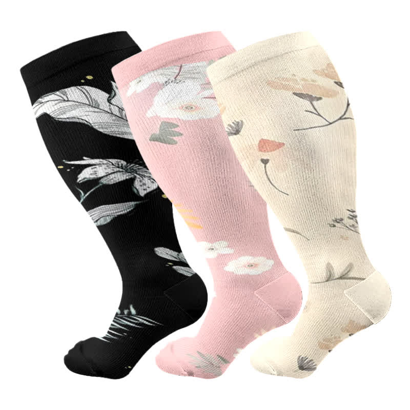 Chaussettes de compression grande taille à motif floral et feuilles (3 paires) - Multicolore - 4XL - image 5
