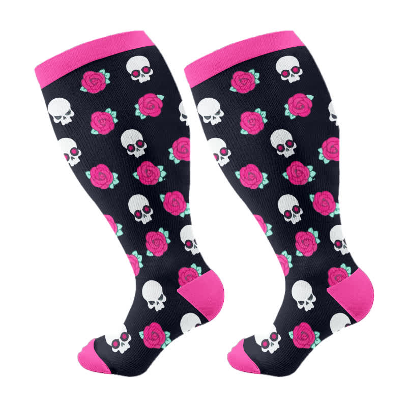 Chaussettes de compression grande taille à motif tête de mort et fleurs d'Halloween - Fuchsia - 2XL - image 7