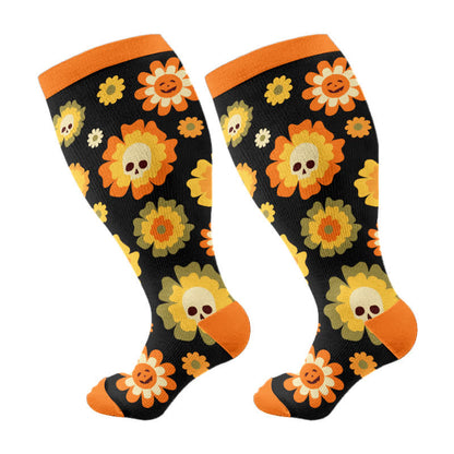 Chaussettes de compression grande taille motif tête de mort et fleurs d'Halloween - Orange - 2XL - image 6