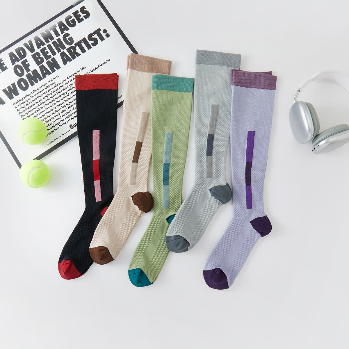 Chaussettes de compression hautes rectangulaires simples à blocs de couleurs (5 paires) - Multicolore - EU37-42 (US4-8.5) - image 1