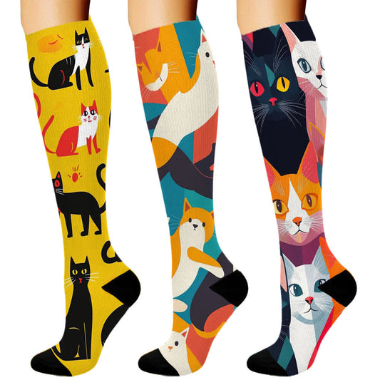 Chaussettes de compression à imprimé chat artistique (3 paires) - Ensemble A - S/M - image 1