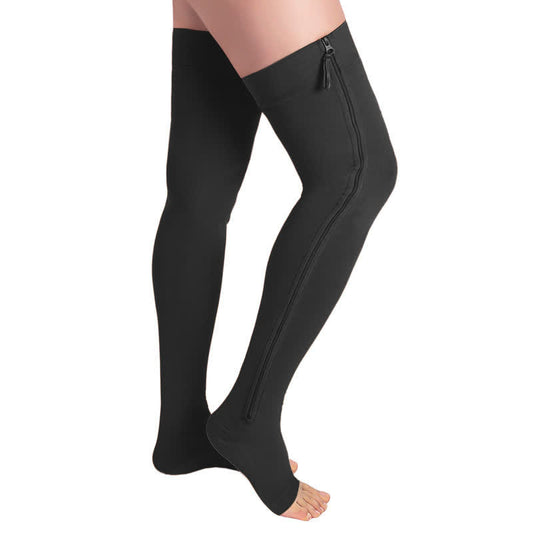 Chaussettes de compression hautes à fermeture éclair et bout ouvert, grande taille (20-30 mmHg)