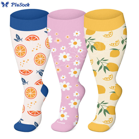 Chaussettes de compression grande taille à imprimé marguerites et citrons (3 paires) - image 1