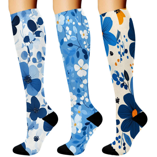 Chaussettes de compression hautes à motif floral bleu (3 paires) - Bleu - S/M - image 1