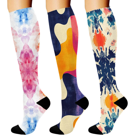Chaussettes de compression hautes colorées et artistiques (3 paires) - Multicolore - S/M - image 1