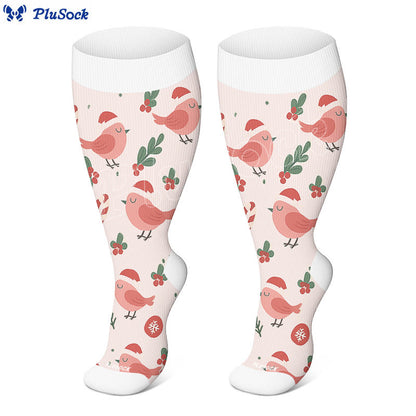 Chaussettes de compression grande taille à motif gnomes de Noël et oiseaux - image 2