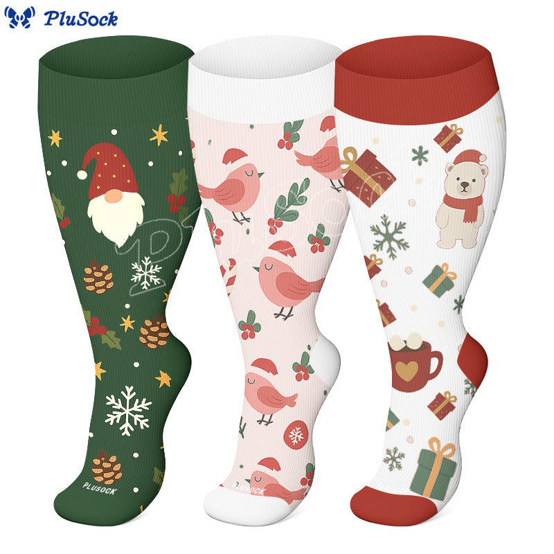 Chaussettes de compression grande taille motif gnomes de Noël et oiseaux (3 paires) - image 0