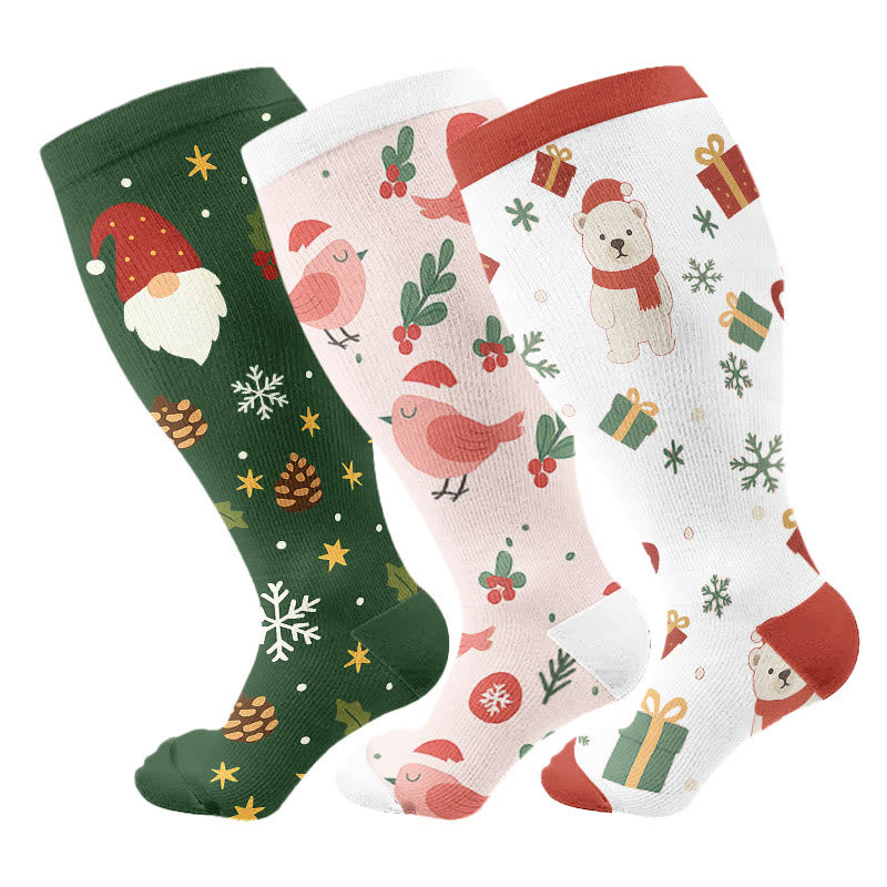 Chaussettes de compression grandes tailles avec motifs de gnomes et d'oiseaux de Noël - image 4