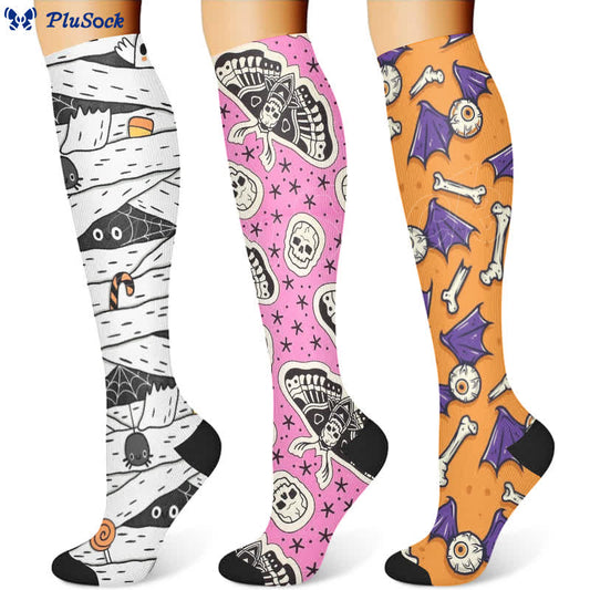 Chaussettes de compression à imprimé dessin animé effrayant d'Halloween (3 paires) - image 1