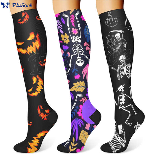 Chaussettes de compression imprimées inspirées du crâne d'Halloween (3 paires) - image 1