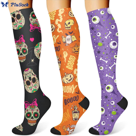 Chaussettes de compression à imprimé tête de mort pour Halloween (3 paires) - image 1