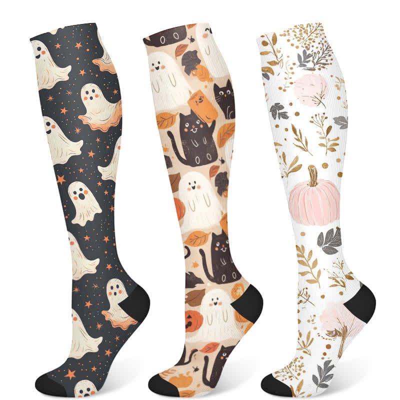 Chaussettes de compression à imprimé chat fantôme d'Halloween (3 paires) - Multicolore - S/M - image 5