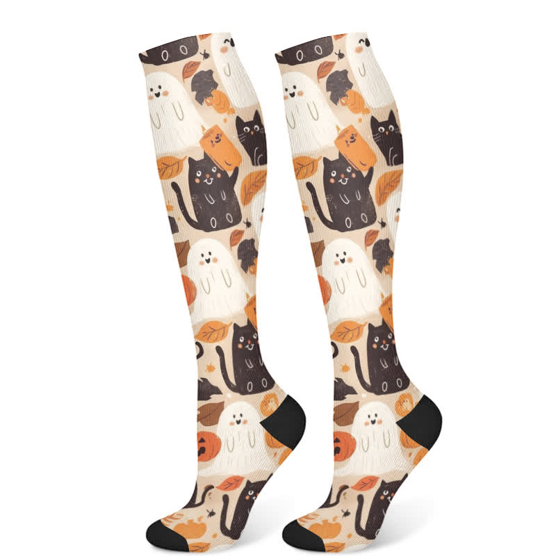 Chaussettes de compression à imprimé chat fantôme d'Halloween (3 paires) - Beige (1 paire) - S/M - image 7