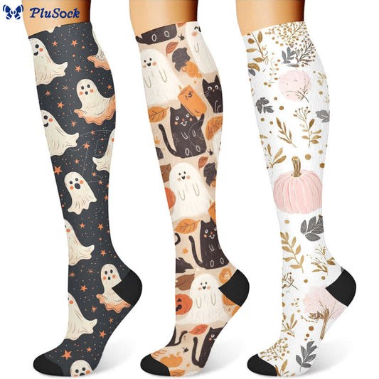 Chaussettes de compression à imprimé chat fantôme d'Halloween (3 paires) - image 1