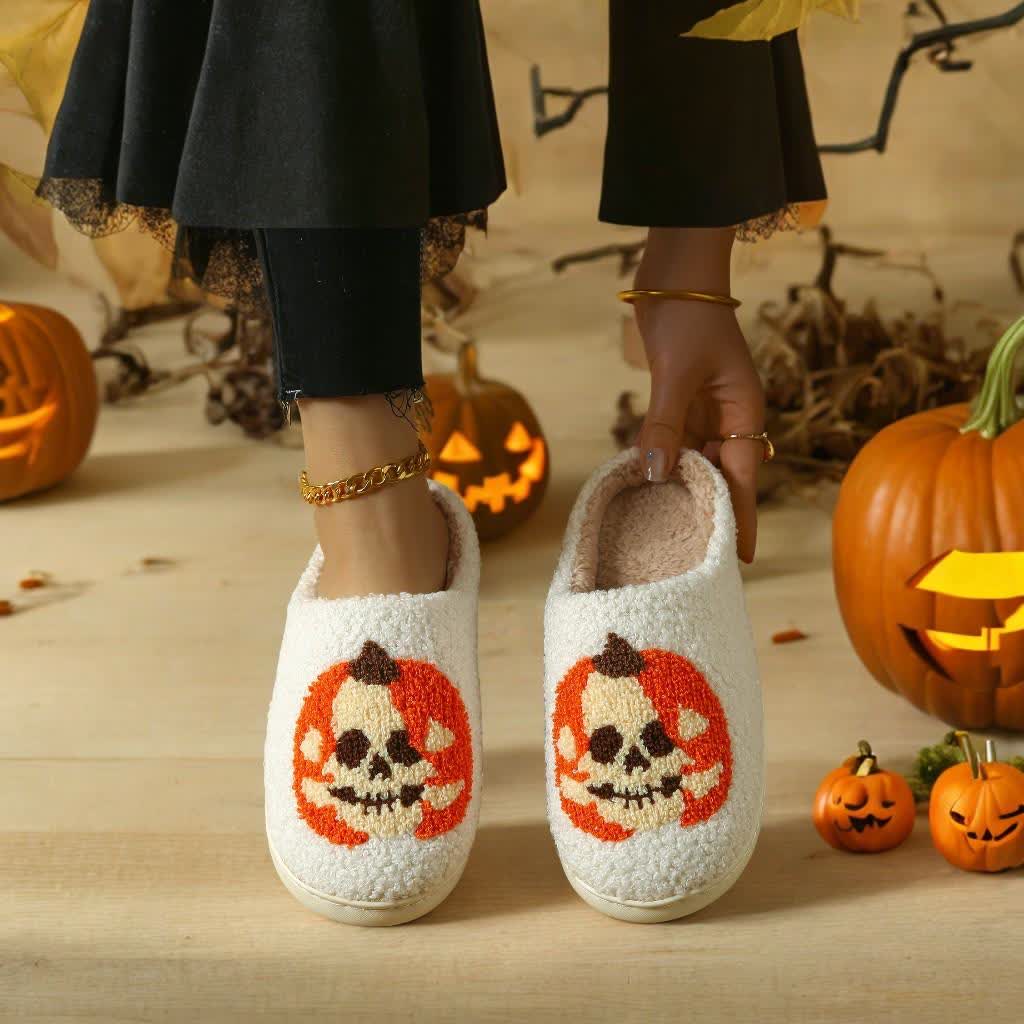 Chaussons grande taille à imprimé citrouille et visage fantôme d'Halloween - image 0