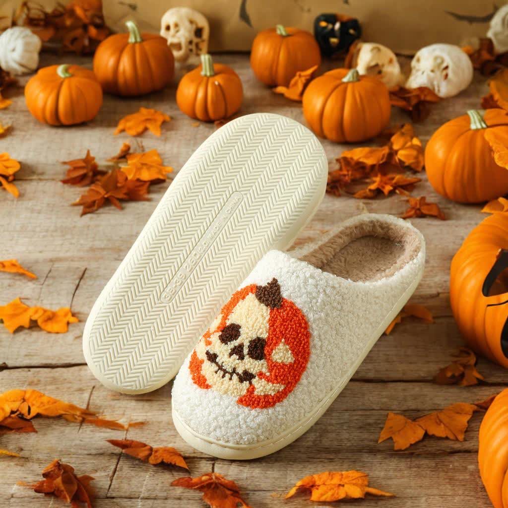 Chaussons grande taille à imprimé citrouille et visage fantôme d'Halloween - Blanc - EU44-45 (US10-11) - image 1