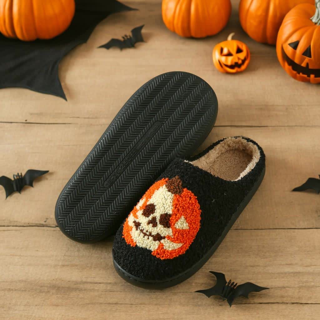 Chaussons grande taille à imprimé citrouille et visage fantôme d'Halloween - Noir - EU44-45 (US10-11) - image 8
