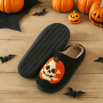 Chaussons grande taille à imprimé citrouille et visage fantôme d'Halloween - Noir - EU44-45 (US10-11) - image 8