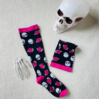Chaussettes de compression grande taille motif tête de mort et fleurs d'Halloween (3 paires) - image 3