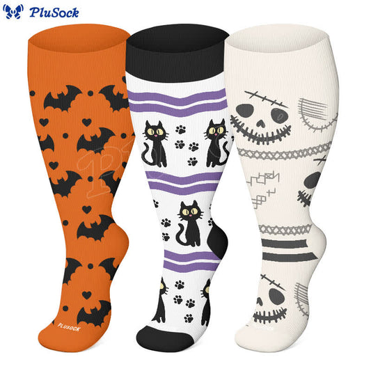 Chaussettes de compression grande taille à imprimé chat et chauve-souris pour Halloween (3 paires) - image 1