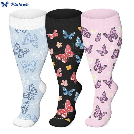 Chaussettes de compression grande taille motif papillon et fleurs (3 paires) - image 1