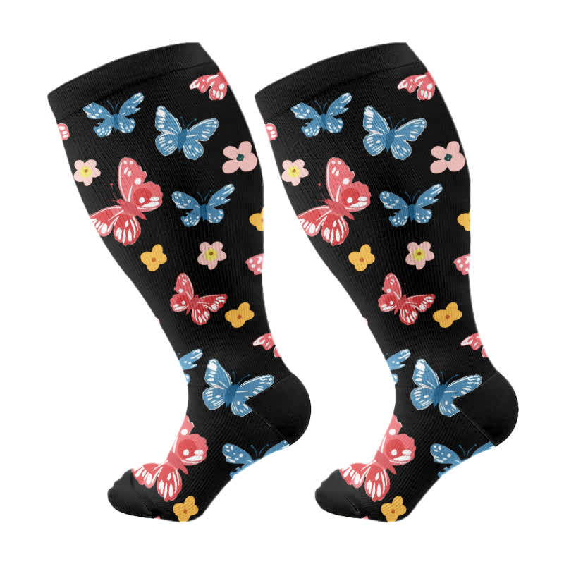 Chaussettes de compression grande taille, série papillon et fleurs - Noir - 2XL - image 6