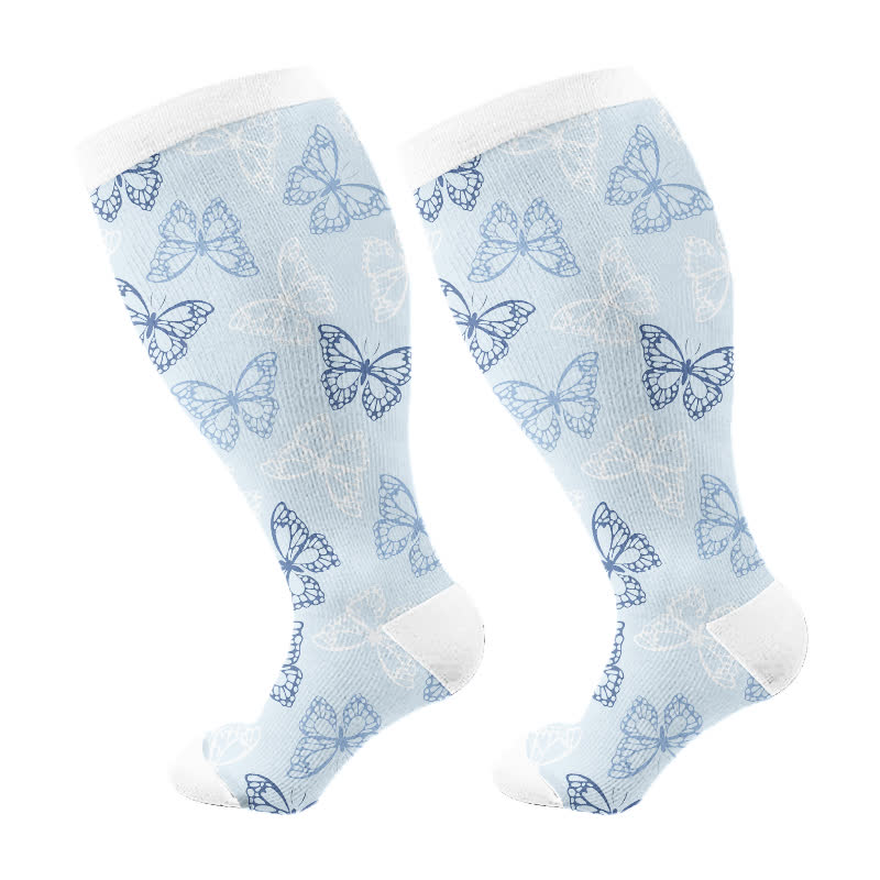 Chaussettes de compression grande taille, série papillon et fleurs - Bleu - 4XL - image 5