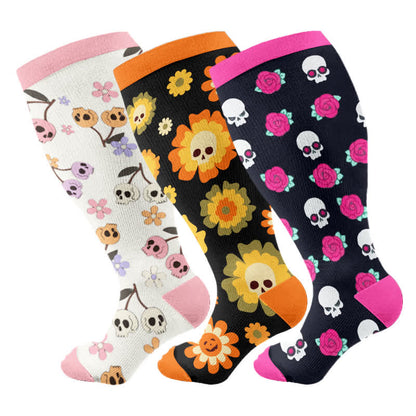 Chaussettes de compression grande taille motif tête de mort et fleurs d'Halloween (3 paires) - Multicolore - 2XL - image 8