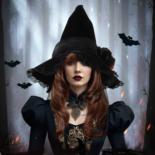 Chapeau de sorcière en maille avec fleurs artificielles pour Halloween - image 0