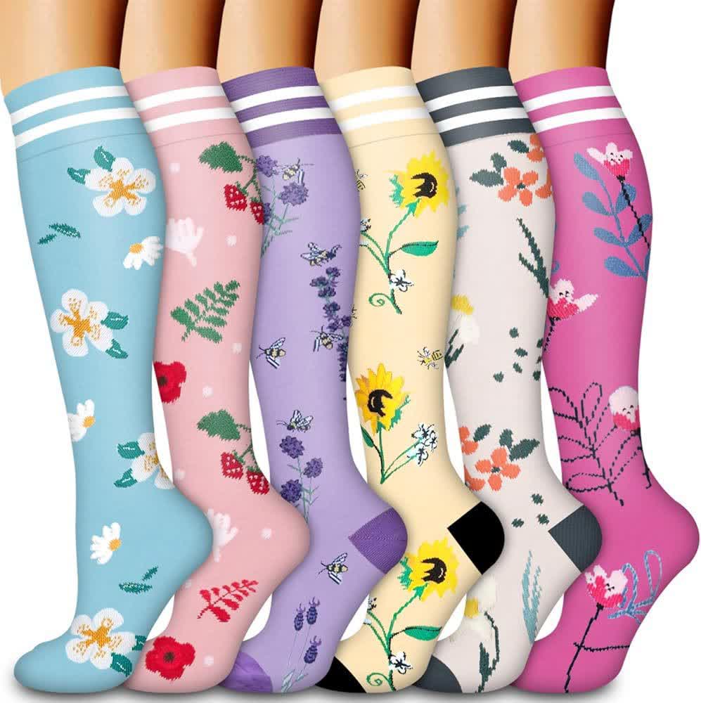 Chaussettes de compression à rayures florales (6 paires) - Multicolore - S/M - image 0