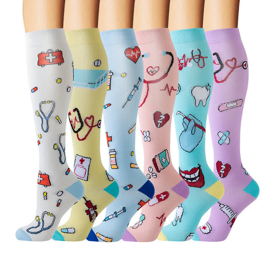 Chaussettes de compression hautes à imprimé médical (6 paires) - Multicolore - S/M - image 1