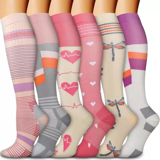 Chaussettes de compression hautes à rayures et cœurs libellules (6 paires) - Multicolore - S/M - image 0