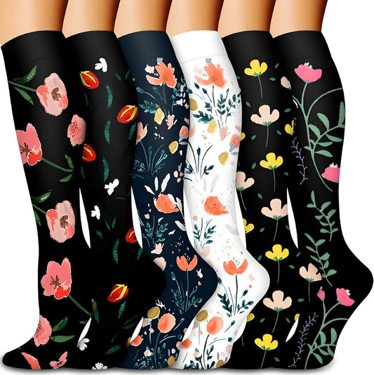 Chaussettes de compression montantes à motif floral noir et blanc (6 paires) - Multicolore - S/M - image 0