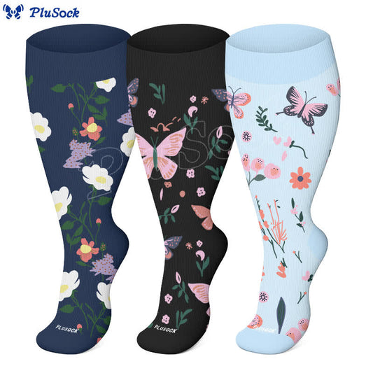 Chaussettes de compression à imprimé papillon et fleurs grande taille (3 paires) - image 0