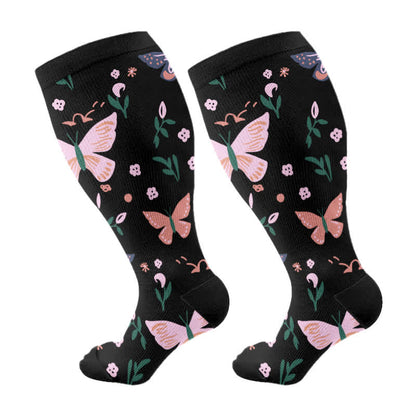 Chaussettes de compression à imprimé papillon et fleurs grande taille (3 paires) - Noir (1 paire) - 4XL - image 6