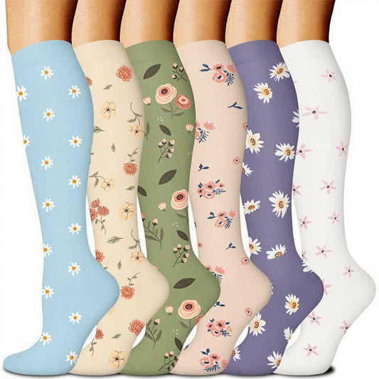 Chaussettes de compression hautes à imprimé marguerites Fuchsia (6 paires) - Multicolore - S/M - image 0
