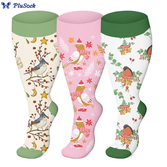 Chaussettes de compression oiseaux de Noël grande taille (3 paires) - image 0