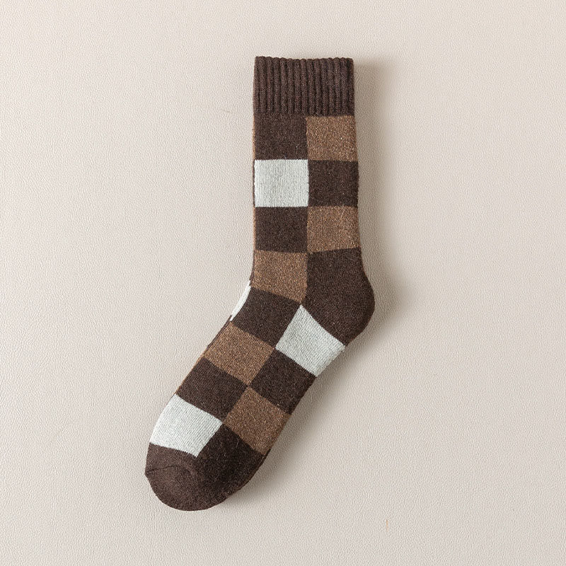 Chaussettes longues chaudes à carreaux grande taille (3 paires) - Café - EU39-44(US6-10) - image 6